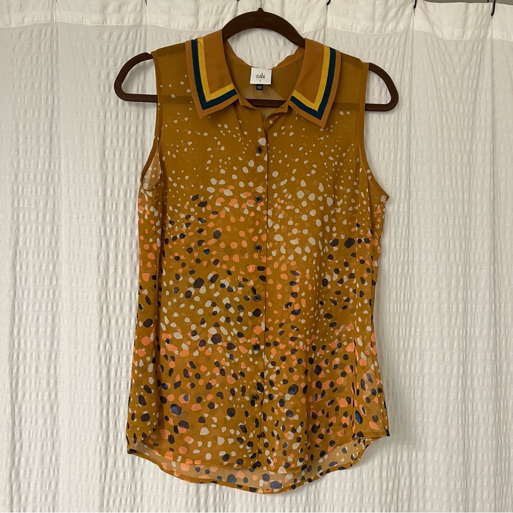 Cabi Sheer Abstract Dot Print Sleeveless Blouse Camel Colored Women’s Size Small